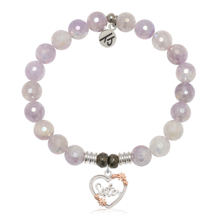 Mauve Jade Gemstone Bracelet with Heart Sister Sterling Silver Charm