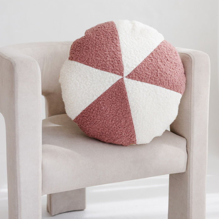 MINICAMP Bouclé Circus-Style Rose and White Throw Pillow with Chic Golden Trim