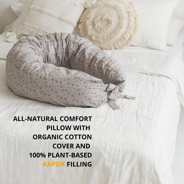MINICAMP C-Shape Pillow with Organic Grey Cover | Kapok & Latex Blend or PES Filling