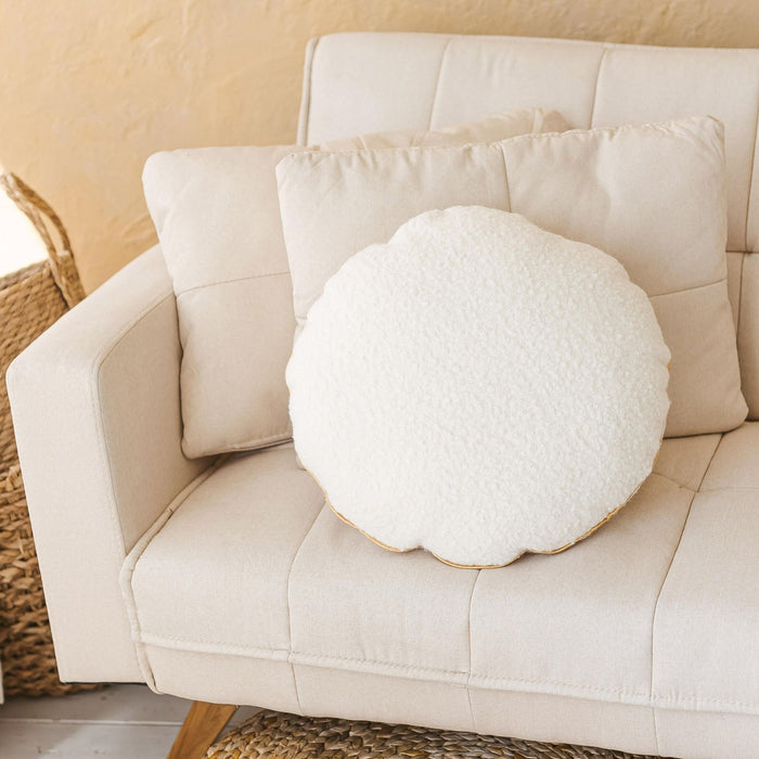 MINICAMP Ecru Boucle Round Cushion with Chic Golden Trim