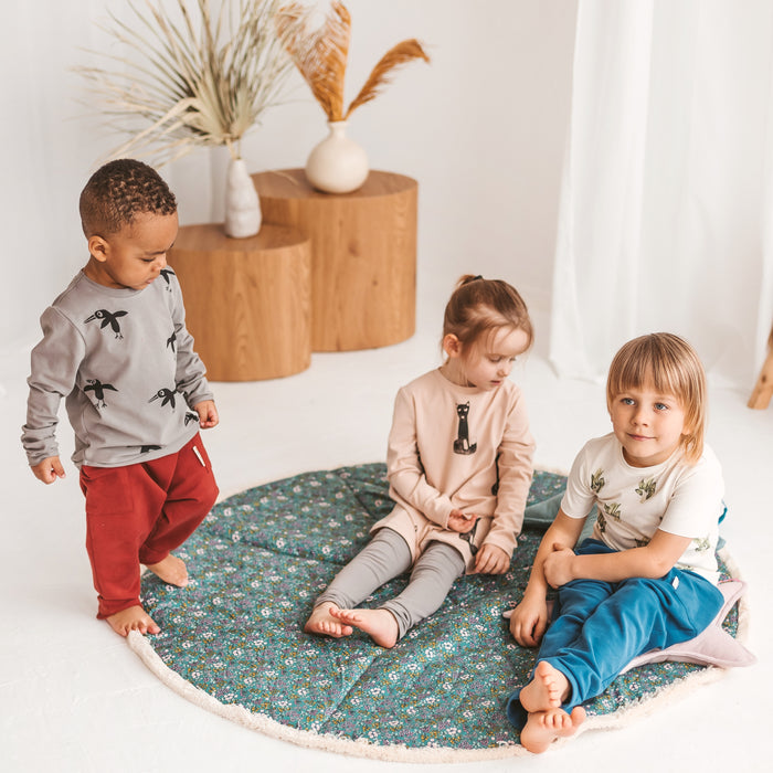 MINICAMP Floral Green Floor Mat for Children with Cotton Fringe Trim