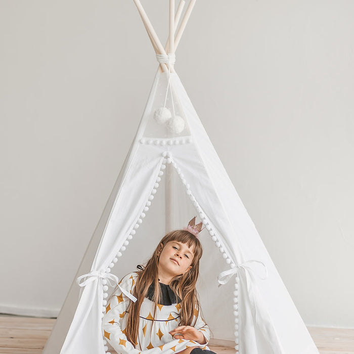 Kids Teepee Tent in Snow White with Pom Pom Decoration