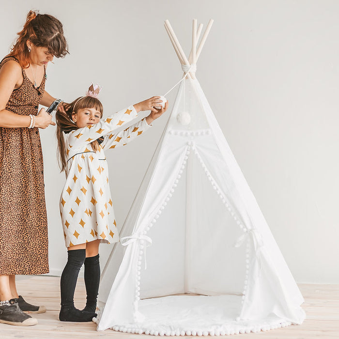 Kids Teepee Tent in Snow White with Pom Pom Decoration