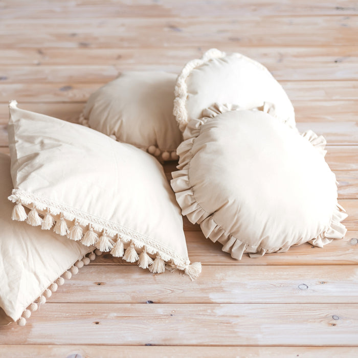 MINICAMP Throw Pillow in Ecru with Pompom trim