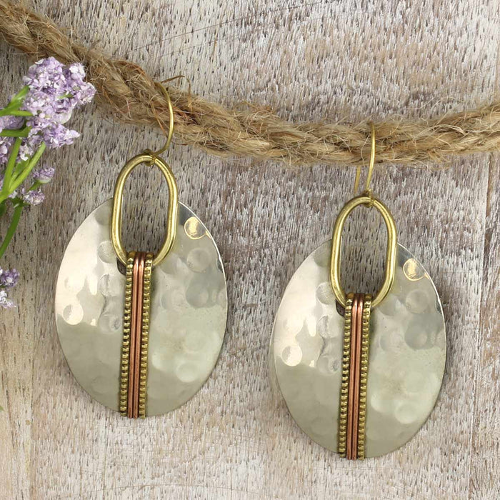 Mixed Metal Hammered Silver Oval Earrings