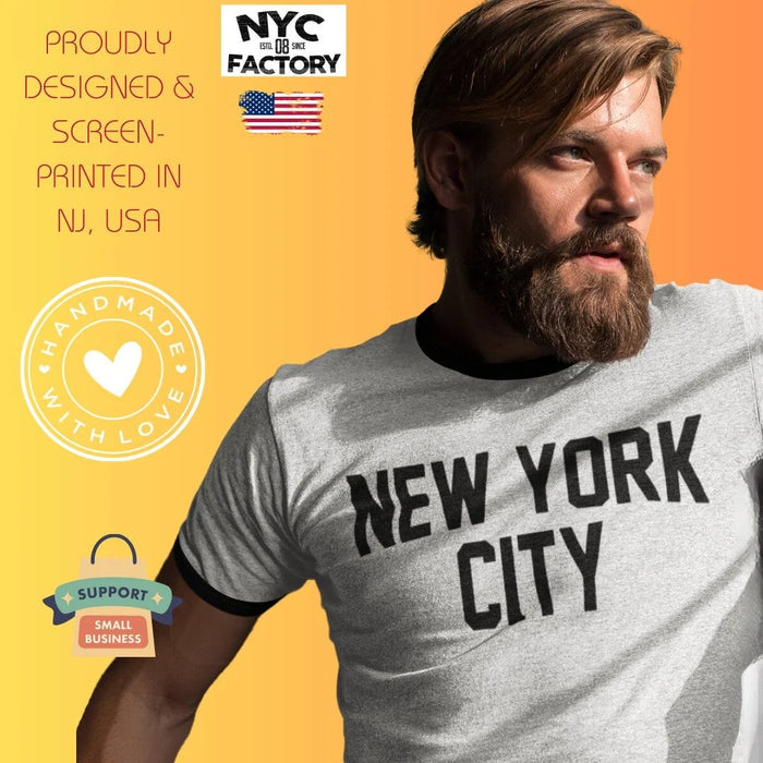 New York City Ringer Tee T-Shirt Retro Style Men's Shirt (White/Black, Regular) - NYC Factory