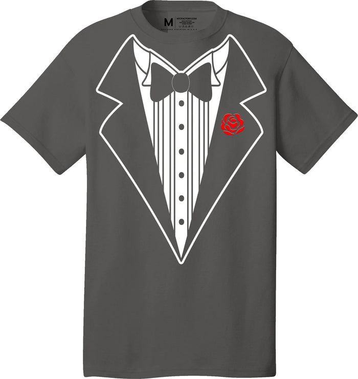 Men's Funny Tuxedo T-Shirt (Charcoal, Bowtie & Rose)