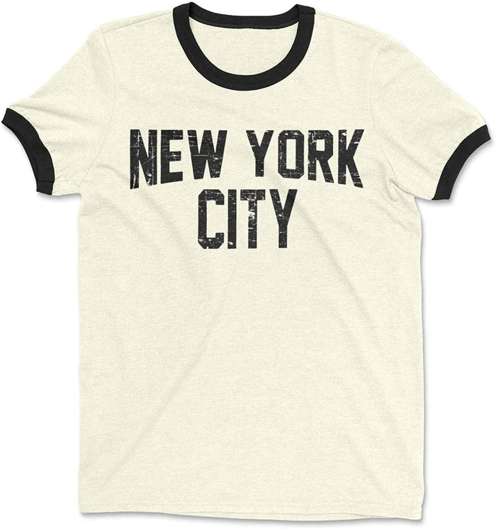 Men's New York City John Lennon Ringer Tee T-Shirt (Natural/Black, Distressed Print)
