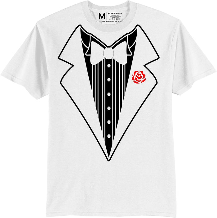 Men's Funny Tuxedo T-Shirt (White, Bowtie & Rose)