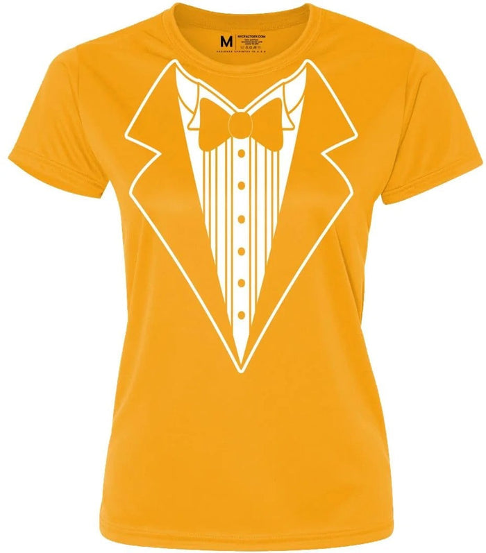 Ladies Faux Tuxedo T-Shirt (Gold, Bowtie)