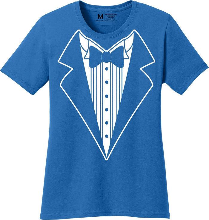 Ladies Faux Tuxedo T-Shirt (Royal Blue, Bowtie)