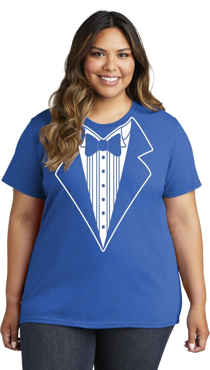 Ladies Faux Tuxedo T-Shirt (Royal Blue, Bowtie)