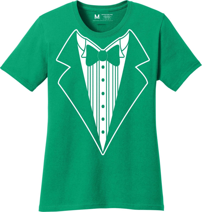 Ladies Faux Tuxedo T-Shirt (Irish Green, Bowtie)