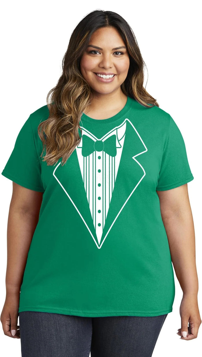 Ladies Faux Tuxedo T-Shirt (Irish Green, Bowtie)