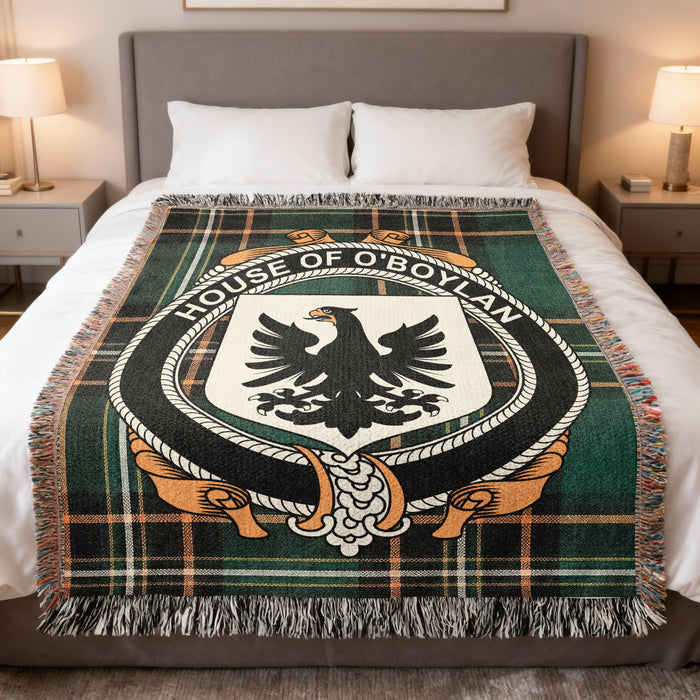 O'Boylan Irish National Tartan woven blanket with family crest emblem