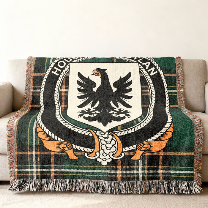 O'Boylan Irish National Tartan woven blanket displayed on a sofa