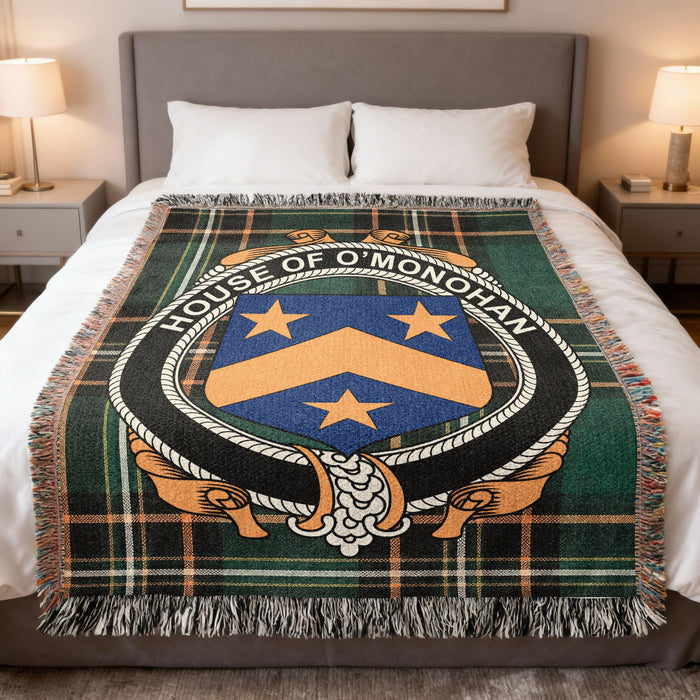 O'Monohan Irish National Tartan woven blanket with family crest emblem