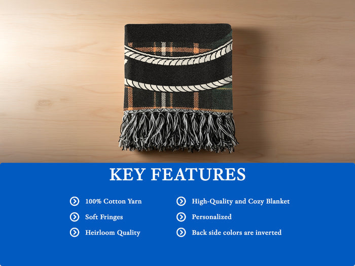 O'Neil cotton woven blanket detail with decorative fringed edges