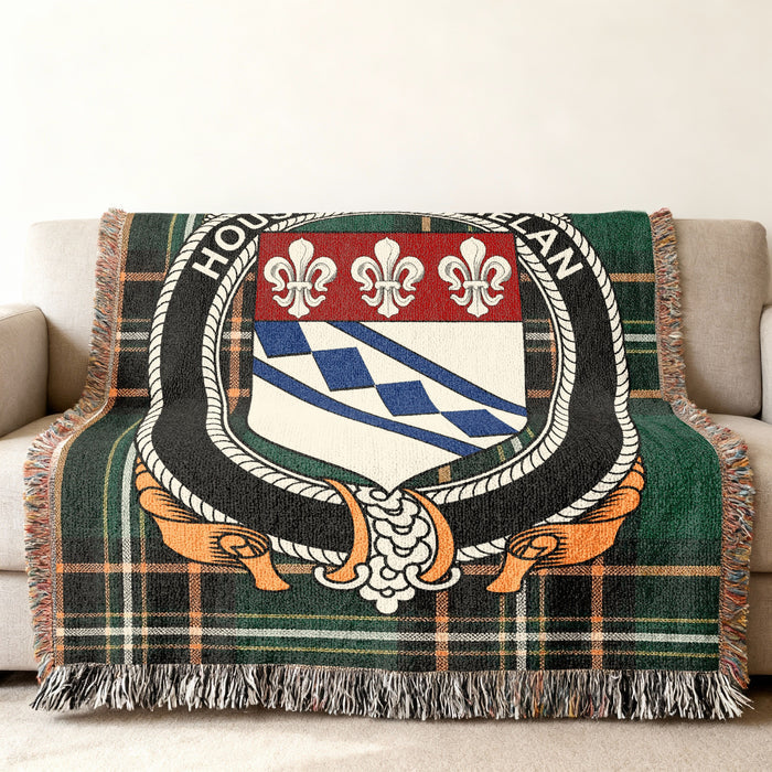 O'Phelan Irish National Tartan woven blanket displayed on a sofa
