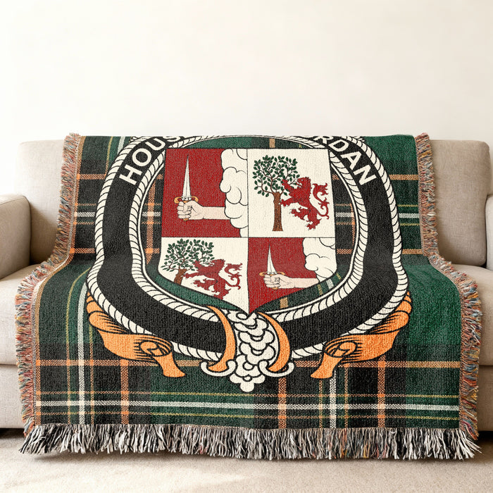 O'Riordan Irish National Tartan woven blanket displayed on a sofa