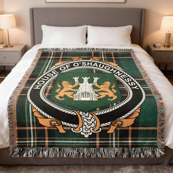 O'Shaughnessy Irish National Tartan woven blanket with family crest emblem