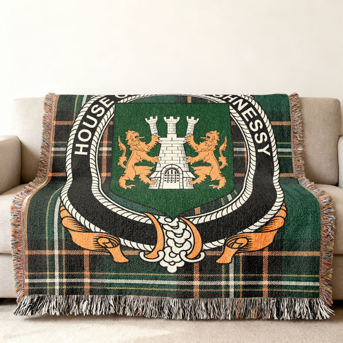 O'Shaughnessy Irish National Tartan woven blanket displayed on a sofa