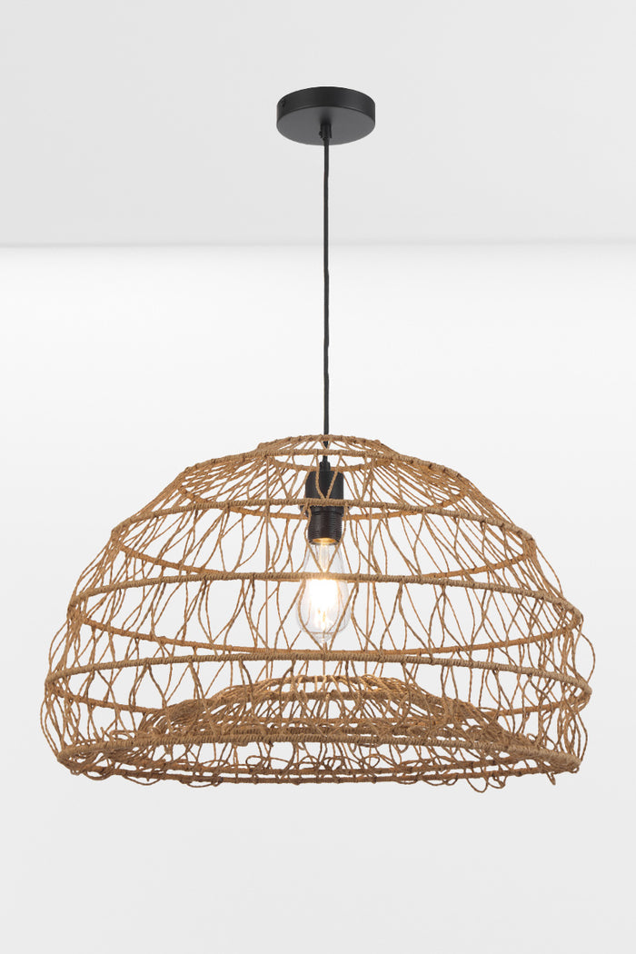 Contemporary woven dome pendant light in natural rattan finish with sculptural open weave silhouette