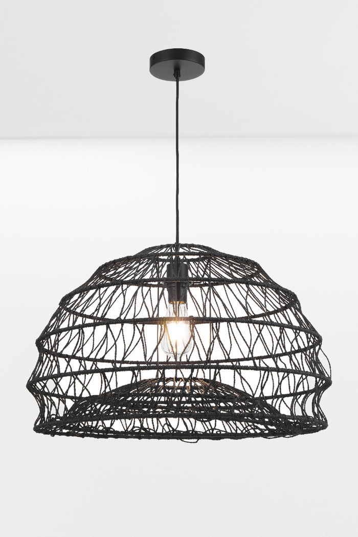 Large black woven basket pendant light with layered organic weave and matte black suspension fitting