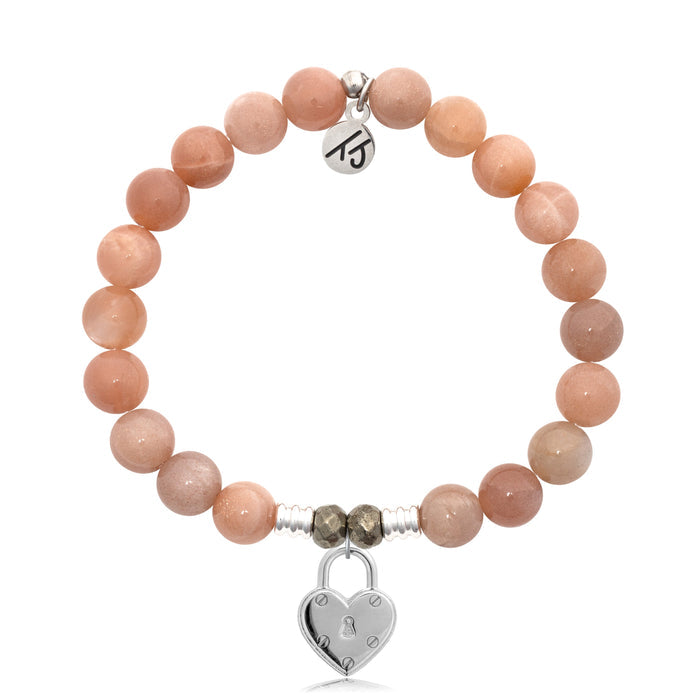 Peach Moonstone Stone Bracelet with Love Lock Sterling Silver Charm