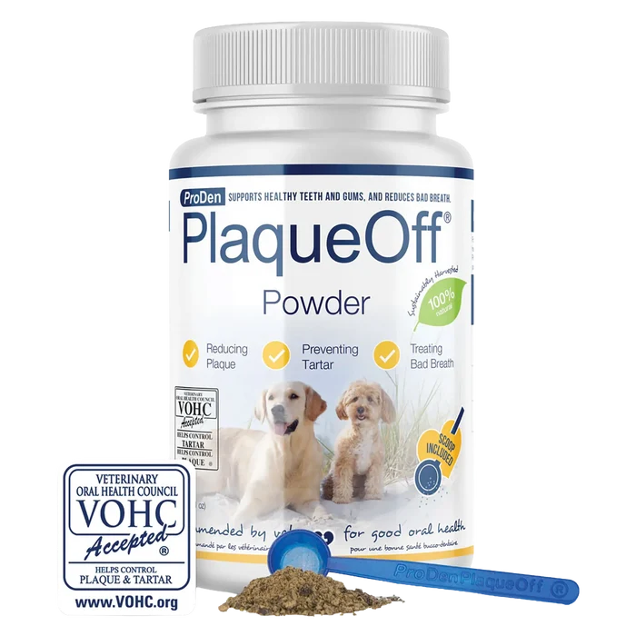 ProDen PlaqueOff® Powder,"White bottle with blue scoop and powder beside badge"