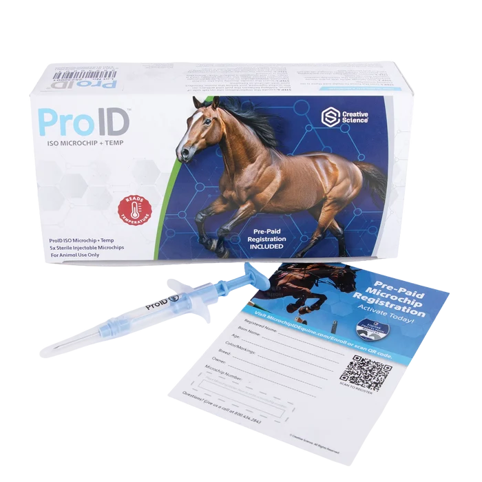 ProID® ISO Microchip + Temp 5ct. Lifetime Registration,"Box with blue syringe and registration cards"