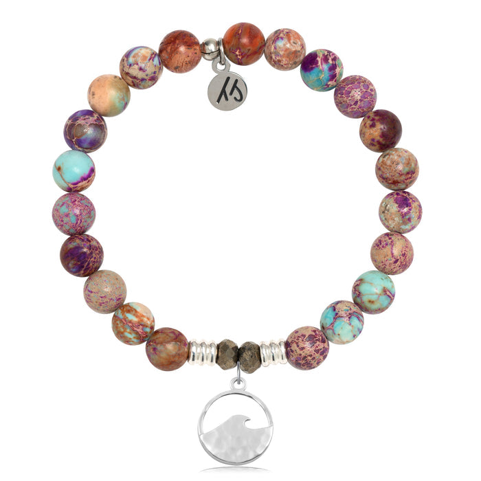 Purple Jasper Stone Bracelet with Hammered Waves Sterling Silver Charm