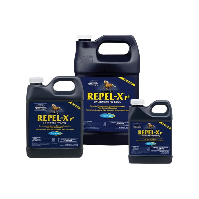 Repel-Xpe Emulsifiable Fly Spray Concentrate,"Three black-handled jugs in assorted sizes"