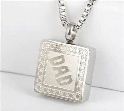 Square "Dad" Stainless Steel Cremation Urn Pendant for Ashes w/20-inch Necklace