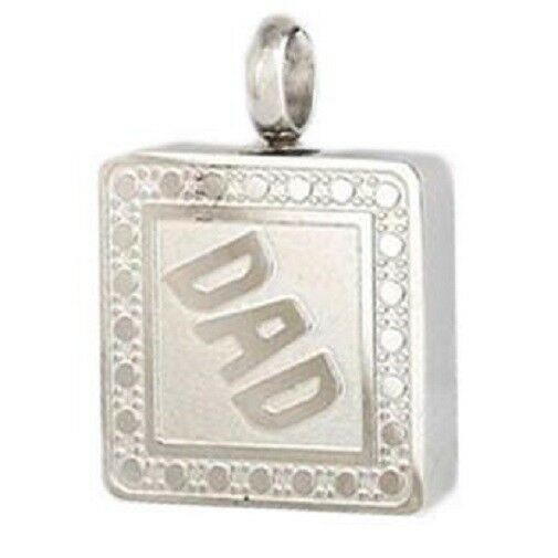 Square "Dad" Stainless Steel Cremation Urn Pendant for Ashes w/20-inch Necklace