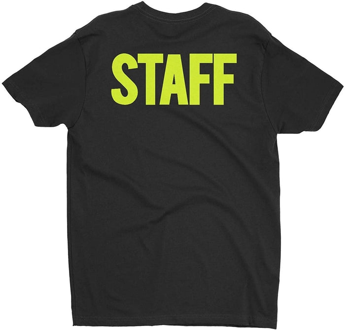 Men's Staff T-Shirt Front Back Screen Print Tee (BB, Black & Neon)