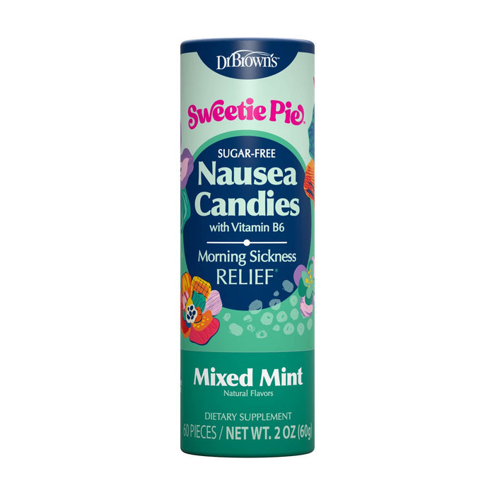 A single cylindrical container of Dr. Brown's Sweetie Pie Nausea Candies with Vitamin B6, Morning Sickness Relief, Mixed Mint flavor
