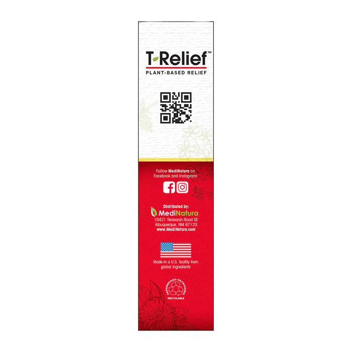 T-Relief product packaging with branding and contact information on a white background