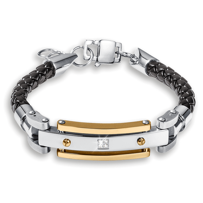 The Astro Diamond Bracelet for men featuring a black braided leather strap, silver and gold-tone metal accents, and a center cubic zirconia stone, bold by design.