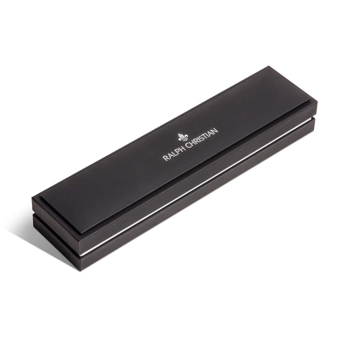 Black rectangular luxury jewelry box with Ralph Christian logo in white centered on the lid, designed to house The Astro Diamond Bracelet, bold by design.