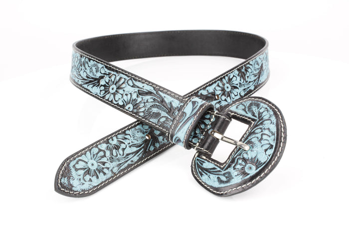 Tooled Leather Belt with Turquoise Floral