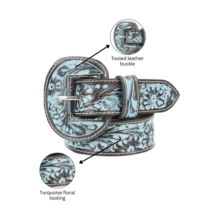 Tooled Leather Belt with Turquoise Floral