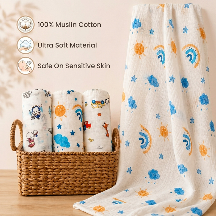 tutots 100% Cotton Muslin Swaddle Wrap for New Born Baby | Pack of 3 (100×100 cm)