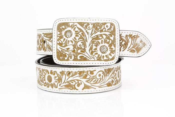 Western Tooled Leather Belt in White and Brown