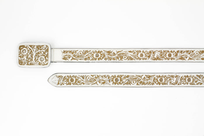 Western Tooled Leather Belt in White and Brown