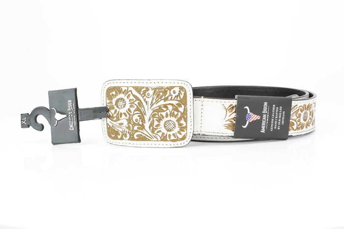 Western Tooled Leather Belt in White and Brown