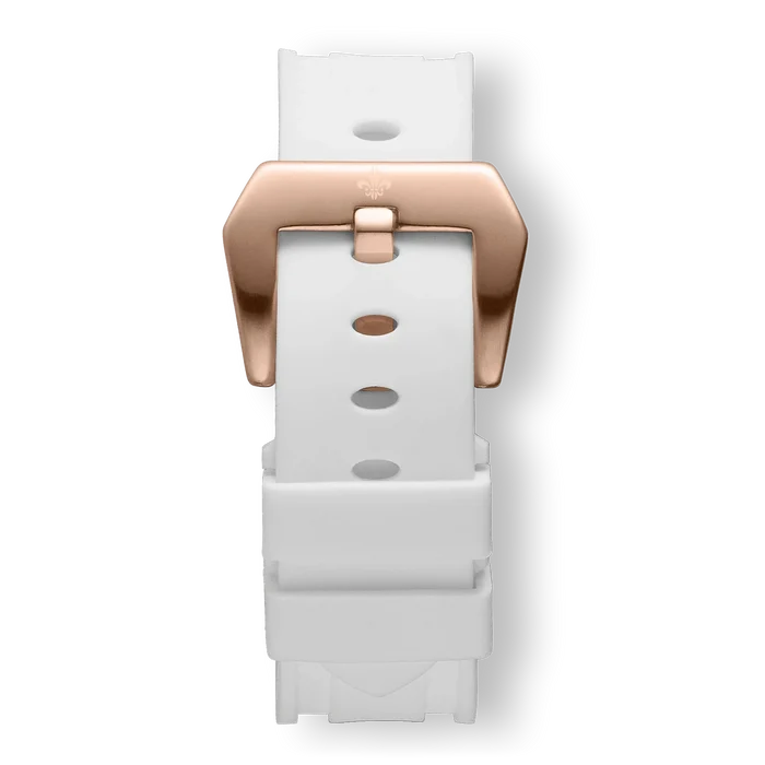 White Silicone Strap With Rose Gold Buckle showcasing a sleek white silicone band paired with a polished rose gold buckle, designed for men seeking bold luxury accessories.