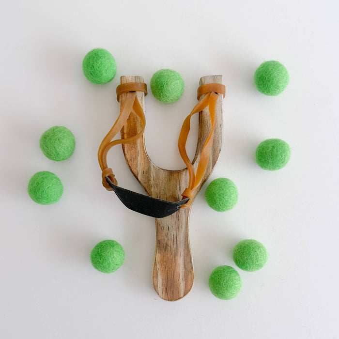 Wooden Slingshot + 10 Clover Green Felt Balls - bubblegum market
